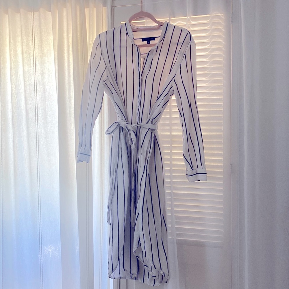 Banana Republic White and Navy Striped Midi Shirt Dress with Tie Waist
